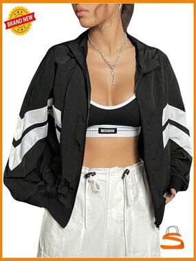 Color Block Zip Up Hooded Jacket Outerwear Loose Windbreaker Jacket